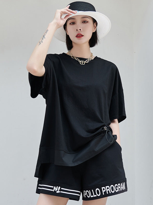 Stylish Black Asymmetric Drawstring Pleated Round-Neck Short Sleeves T-Shirts