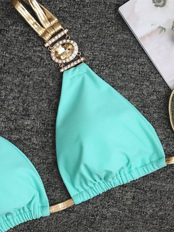 Gorgeous Embellished Triangles Bandage Split Bikini Swimsuit