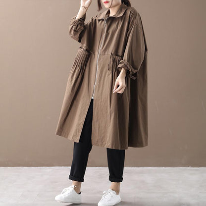 Buykud Literary Casual Pleated Pockets Zipper Trench Coat