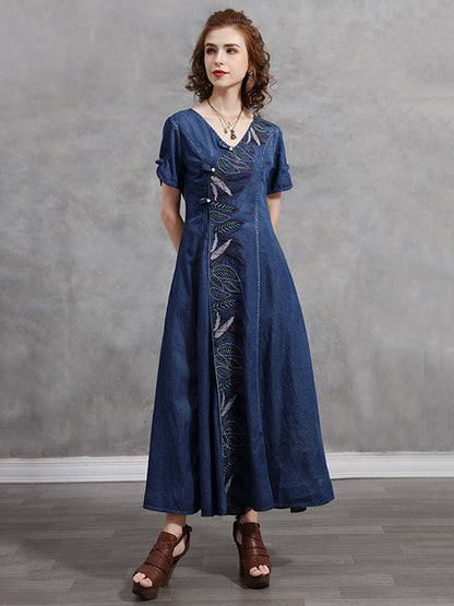 Original Asymmetric Embroidered Loose Short Sleeves Midi Dress
