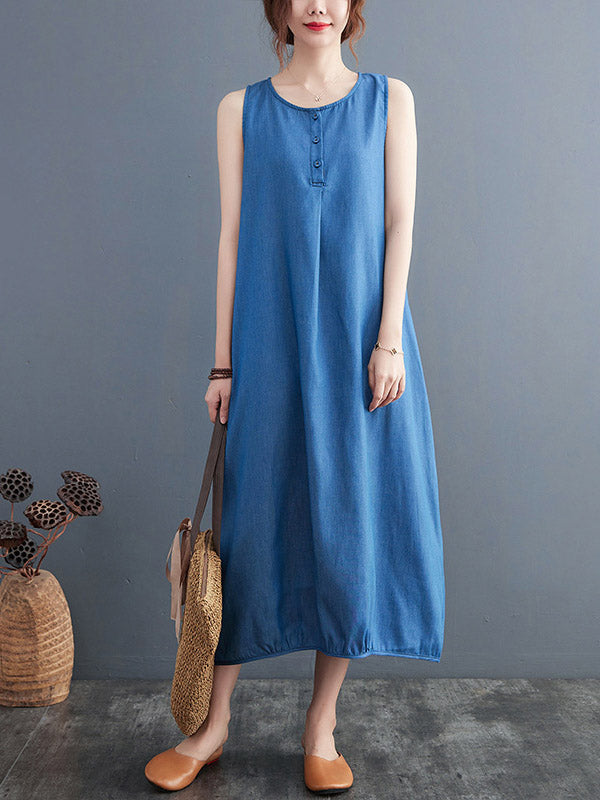 Simple Denim Blue Round-Neck Buttoned Sleeveless Midi Dress