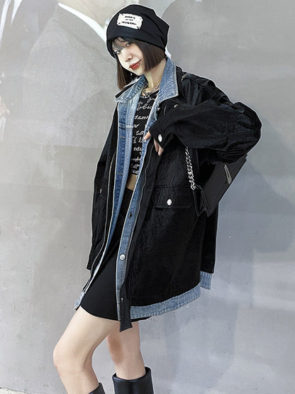 Original Stylish Cool Denim Split-Joint With Pocket Buttoned Lapel Collar Long Sleeves False Two Outwear