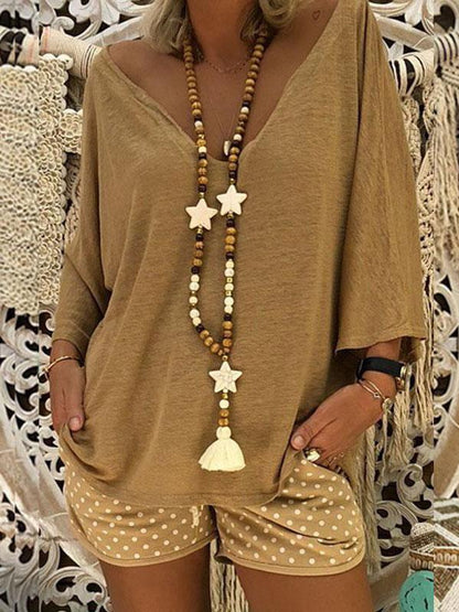 V-neck 3/4 Sleeves Loose Blouses&shirts Tops