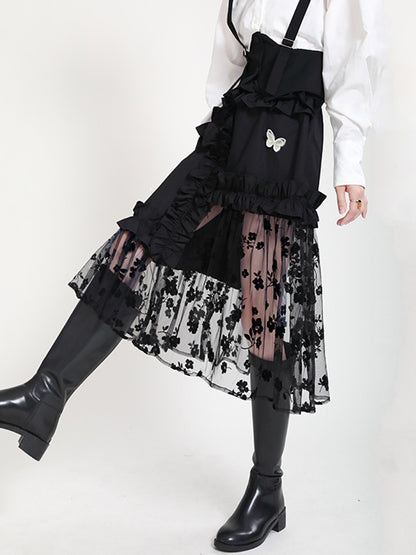 Stylish Mesh Hollow Embroidered Elasticity Split-Joint Strap Skirt