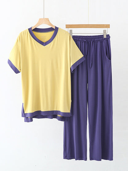 Comfortable Short Sleeve V-Neck T-Shirt&Pants Pajama Set
