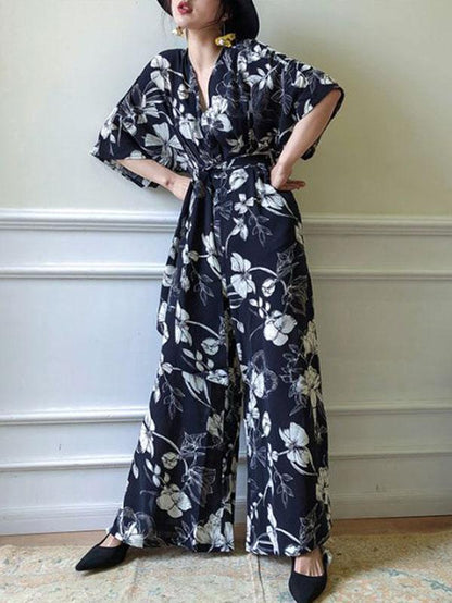 Casual Flower Printed Lace-up Jumpsuit