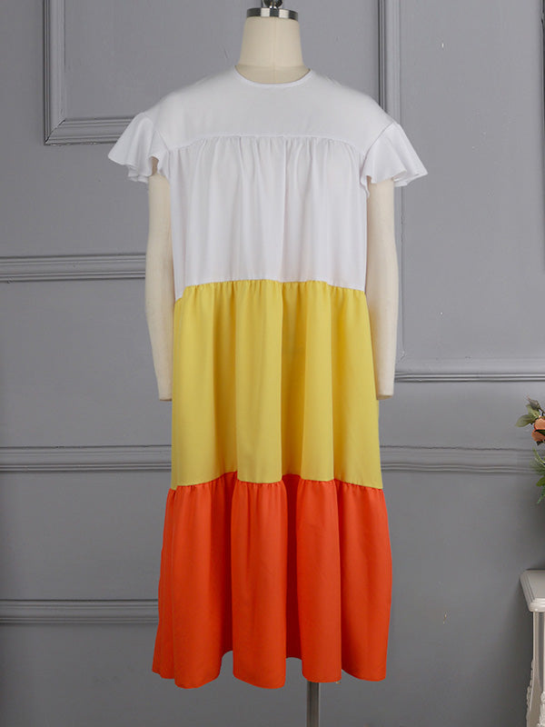 Original Loose Split-Joint Contrast Color Falbala Zipper Round-Neck Sleeveless Midi Dress