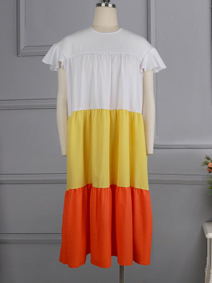 Original Loose Split-Joint Contrast Color Falbala Zipper Round-Neck Sleeveless Midi Dress
