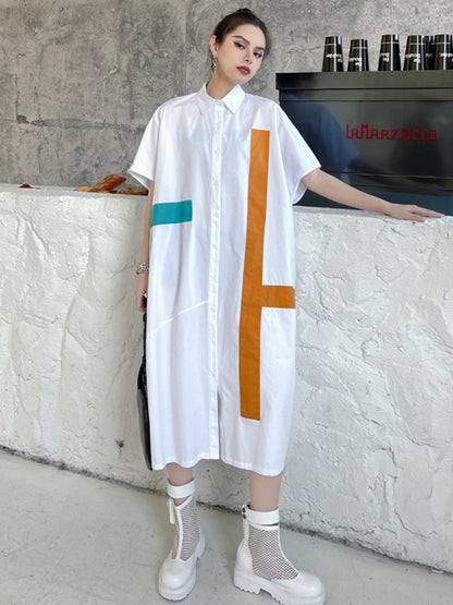 Original Loose Contrast Color Striped Printed Midi Shirt Dress