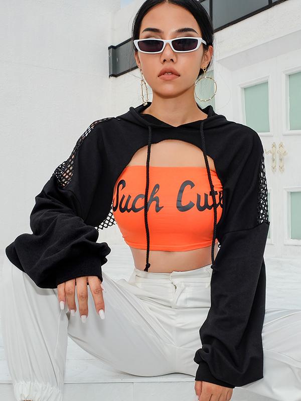 Fashion Split Joint Gauze Short Hoodies&Sweatshirt Tops