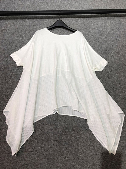 Stylish Cropped Split-Joint Striped Batwing Sleeves Split-Side T-Shirt