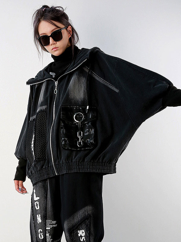 Stylish Cool Street Long Batwing Sleeves Letter Print Zipper Hooded Jackets&Coats