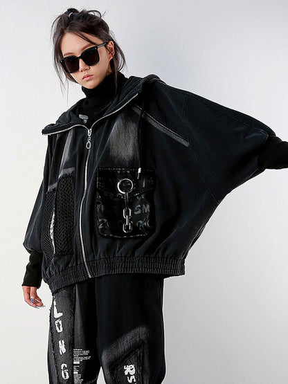 Stylish Cool Street Long Batwing Sleeves Letter Print Zipper Hooded Jackets&Coats