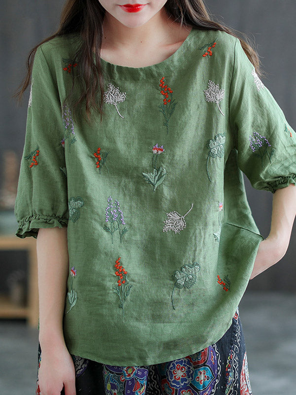 Ramie Cotton Embroidered Round-Neck Short Sleeve T-Shirts Tops