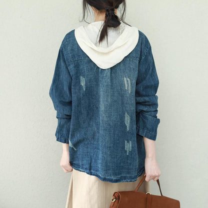 Buykud Solid Color Frayed V-Neck Denim Coat