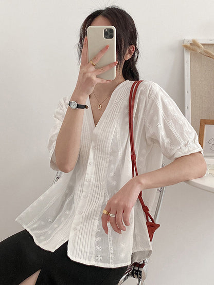 Simple Solid Color Buttoned V-Neck Short Sleeves Blouse