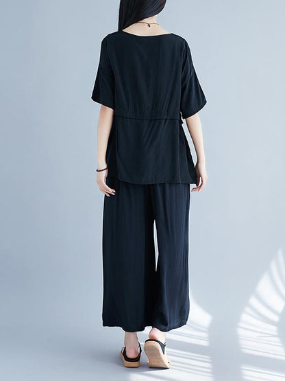 Plus Size Loose Solid Wide-leg Two-piece Suits