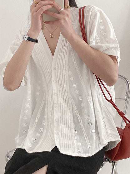 Simple Solid Color Buttoned V-Neck Short Sleeves Blouse