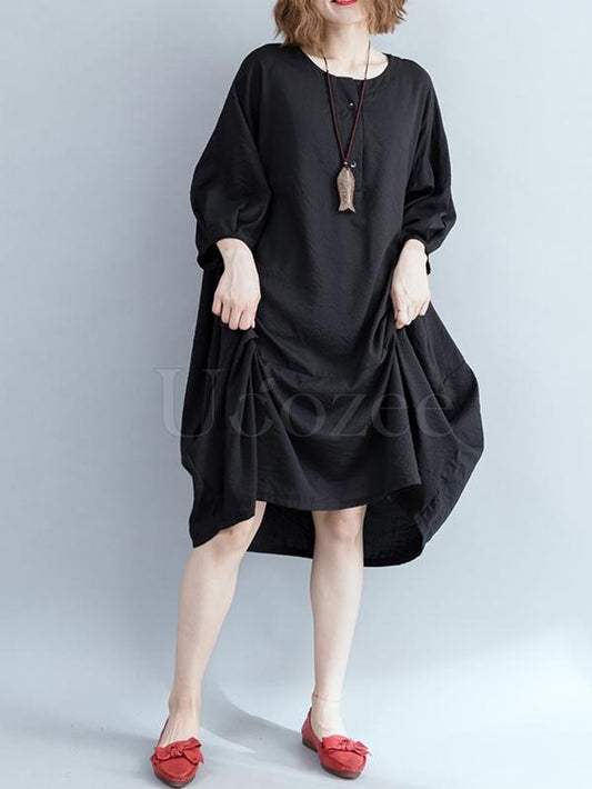 Loose Solid Retro Hemline Midi Dress