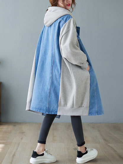 Casual Cotton Denim Split-Joint Hooded Outerwear