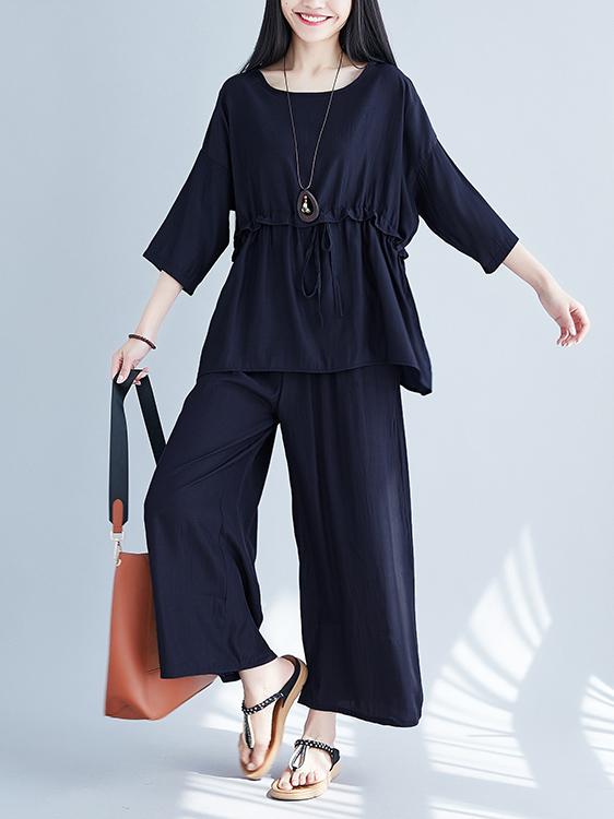 Plus Size Loose Solid Wide-leg Two-piece Suits