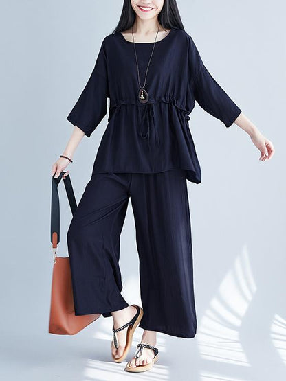 Plus Size Loose Solid Wide-leg Two-piece Suits