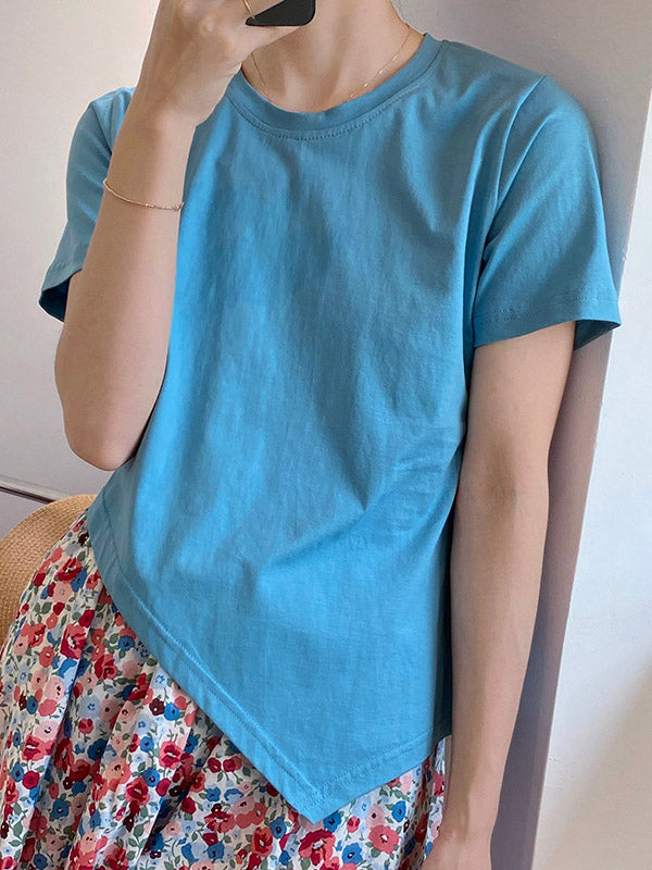 Casual Solid Color Asymmetric Round-Neck Short Sleeves T-Shirt