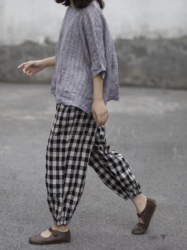 Retro Linen Plaid Casual Harem Pants