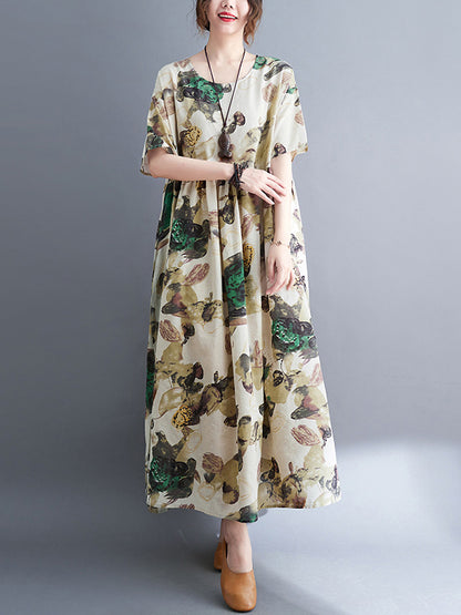 Original Artistic Retro Loose Pleated Floral Printed Midi Dress
