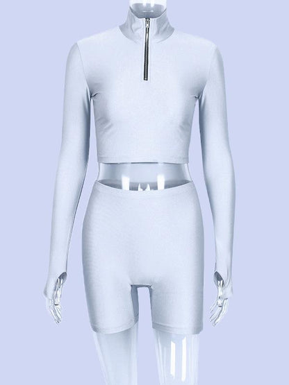 Solid Zipper Long Sleeves Tops And Shorts Suits