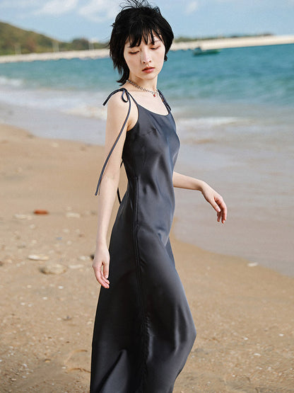 Fashion Ruffled Drawstring Bandage Spaghetti-Neck Midi Dress