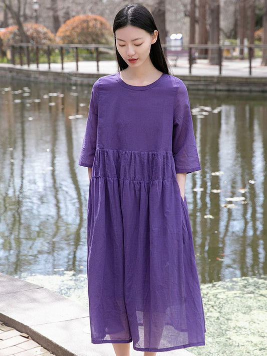 Vintage Ramie Cotton Solid Color Pleated Round-Neck Half Sleeves Midi Dress