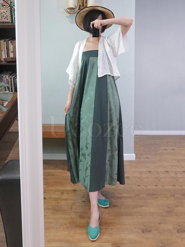 Green Striped Bamboo Jacquard Long Dress