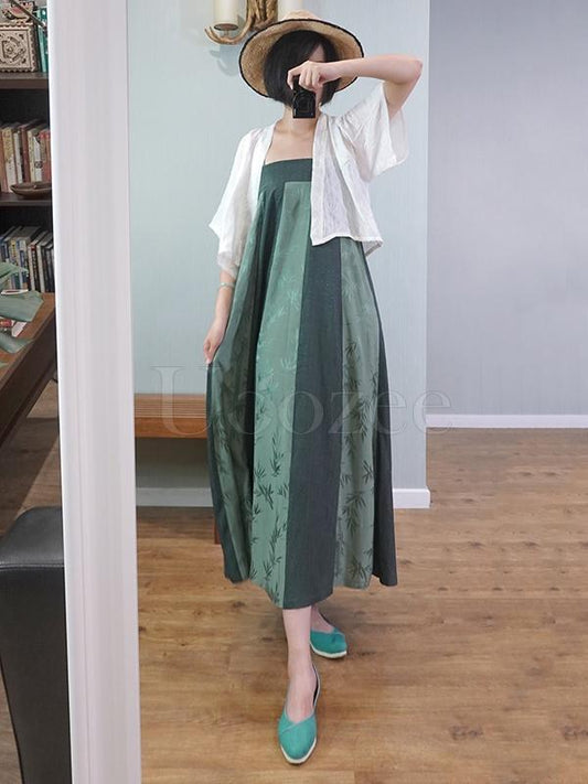 Green Striped Bamboo Jacquard Long Dress