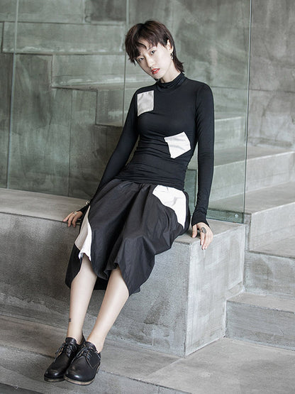 Casual Contrast Color Split-Joint High-Neck Long Sleeves T-Shirt Tops