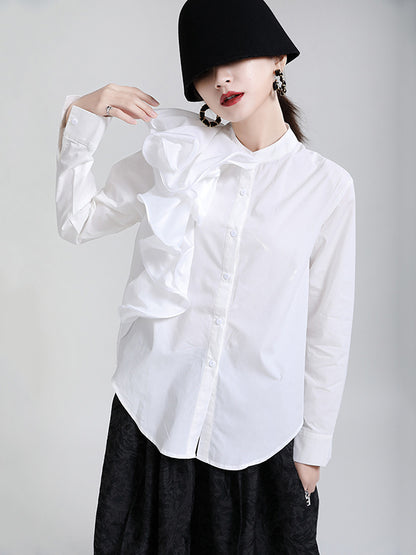 Stylish Falbala Split-Joint Solid Color Buttoned Stand Collar Long Sleeves Blouse