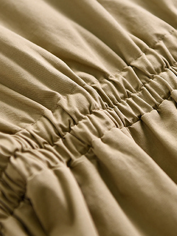 Casual Long Sleeves Loose Drawstring Tied Solid Color Lapel Collar Midi Dresses