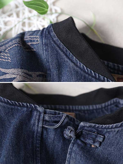 Vintage Buttoned Split-Joint Printed Long Sleeves Denim Jackets Outerwear