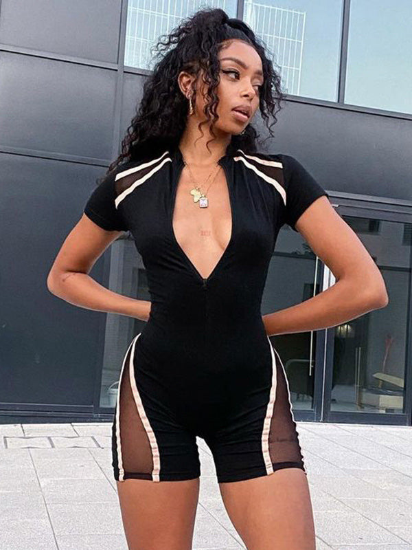 Mesh Split-Joint Half-Sleeves Rompers