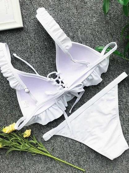 Lace Up Falbala Bikinis Swimwear