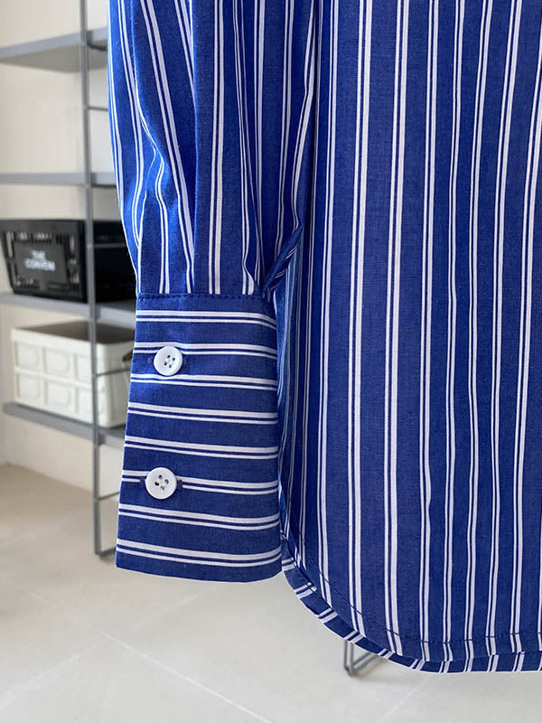 Chic Simple Striped Buttoned Split-Joint With Pocket Lapel Collar Long Sleeves Blouse