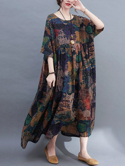 Stylish Printed Round-Neck Loose Batwing Sleeve Midi Dress