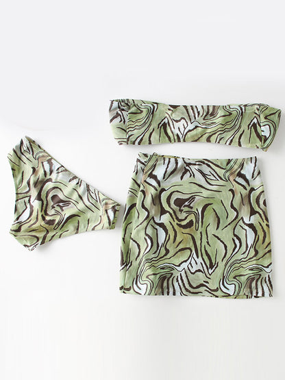 Ripple Printed Padded Bikini Swimwear+Drawstring Cover-Ups Skirt Three-Pieces Set