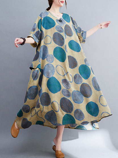 Original Artistic Retro Polka-Dot Ramie Cotton Midi Dress