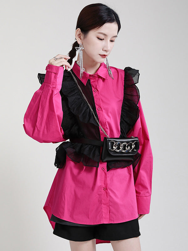 Stylish Irregular Contrast Color Split-Joint Falbala Mesh Drawstring Buttoned Lapel Collar Long Sleeves Blouse