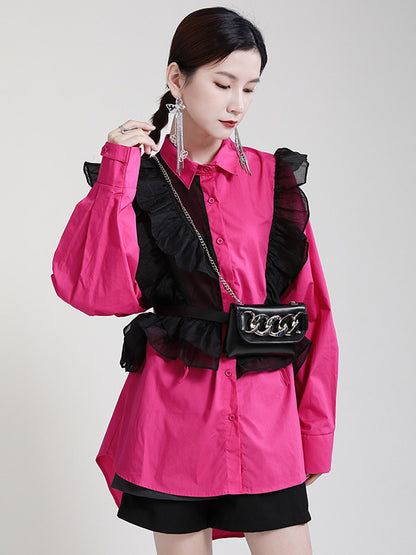 Stylish Irregular Contrast Color Split-Joint Falbala Mesh Drawstring Buttoned Lapel Collar Long Sleeves Blouse