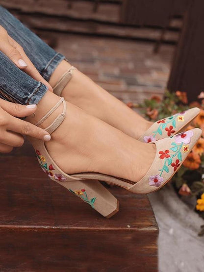 Embroidered Chunky Heels Shoes
