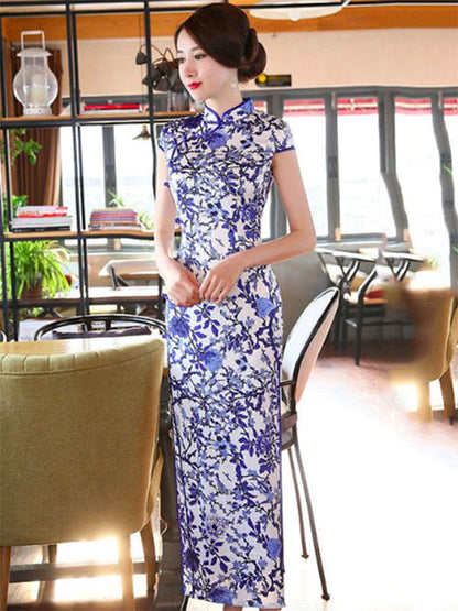 Blue and White Pattern Split-side Long Cheongsam