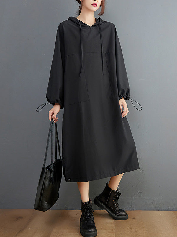 Casual Split-Side Solid Color Hooded Drawstring Long Sleeves Midi Dress