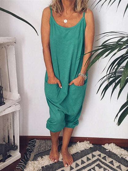 Solid Spaghetti-neck Jumpsuits